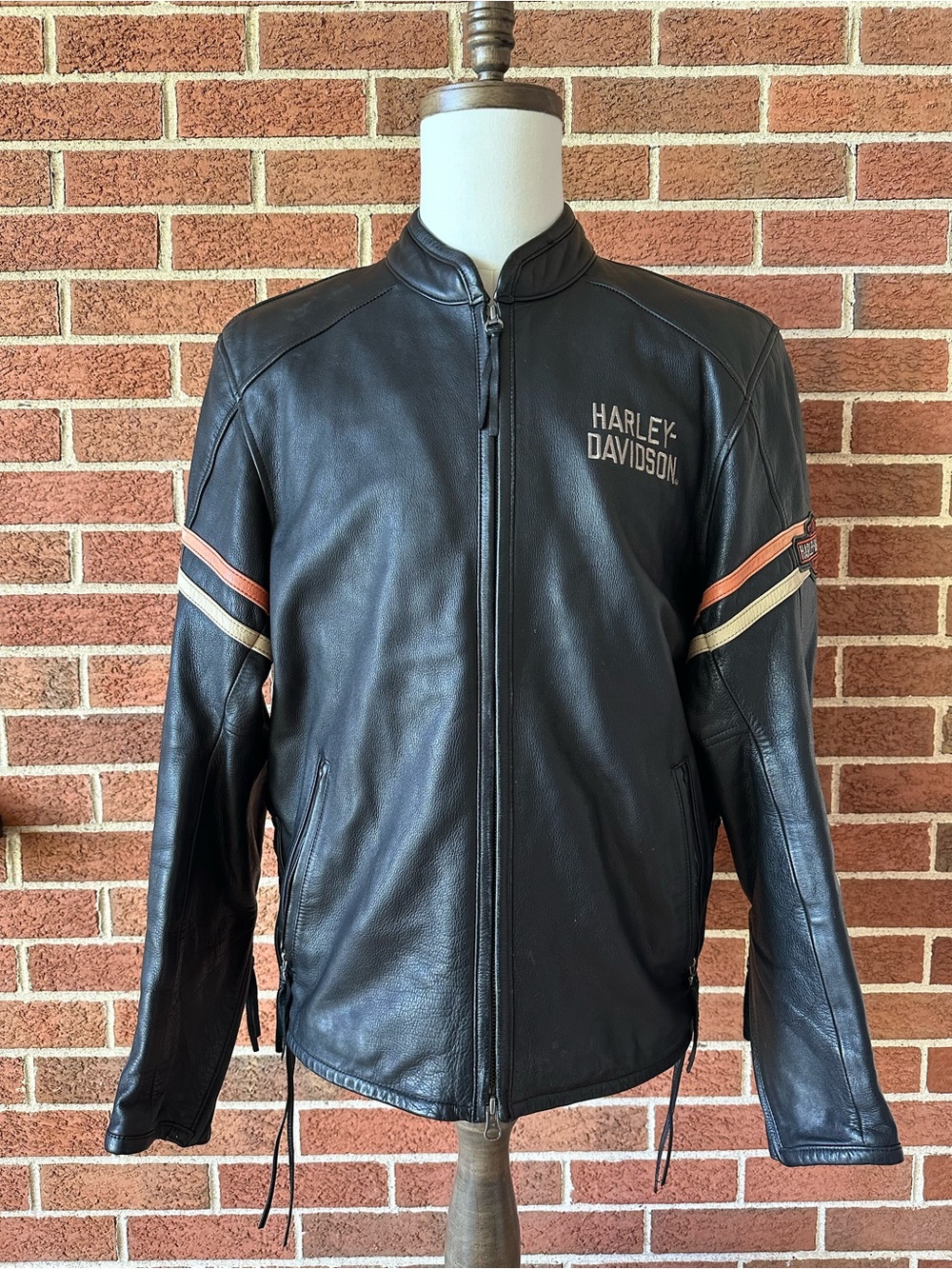 Vintage Harley Davidson Black Leather Jacket Mens H-D Moto Back Patch Lace Up, L